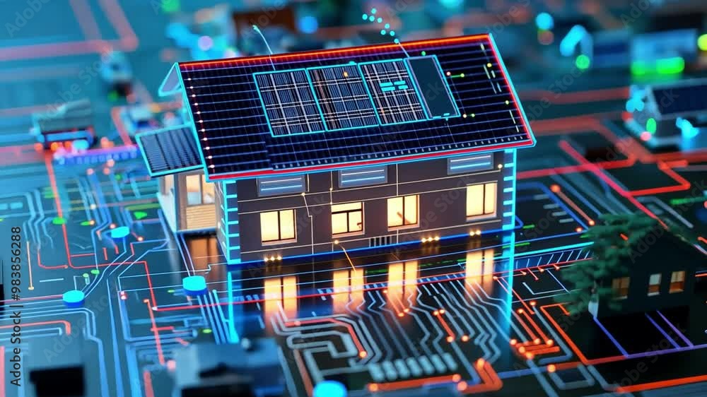Poster this captivating visual illustrates a digital house with solar panels, integrated into a network of 