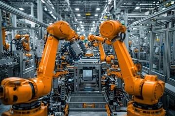 Fototapeta premium Industrial Robots on an Assembly Line in a Factory