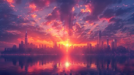 Fototapeta premium Cityscape Sunset with Dramatic Sky and Reflections