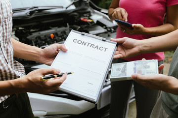 Asian woman involved in car accident, insurance agent and expert analyze the incident to seek compensation, while disgruntled driver argues over the damages caused.