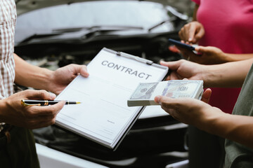Asian woman involved in car accident, insurance agent and expert analyze the incident to seek compensation, while disgruntled driver argues over the damages caused.