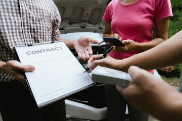 Asian woman involved in car accident, insurance agent and expert analyze the incident to seek compensation, while disgruntled driver argues over the damages caused.