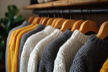 Fototapeta premium Row of colorful knitted sweaters hanging on wooden hangers indoor.