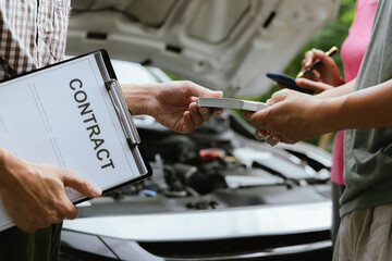 Asian woman involved in car accident, insurance agent and expert analyze the incident to seek compensation, while disgruntled driver argues over the damages caused.