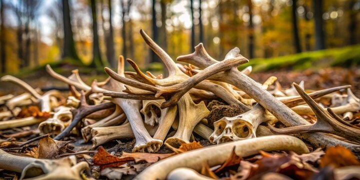 Frayed edges of weathered antlers lay amidst the scattered remains, a testament to the fragility of life.