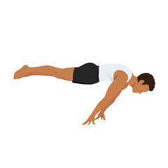 Young man doing planche on fingers calisthenics exercise. Flat vector illustration isolated on white background