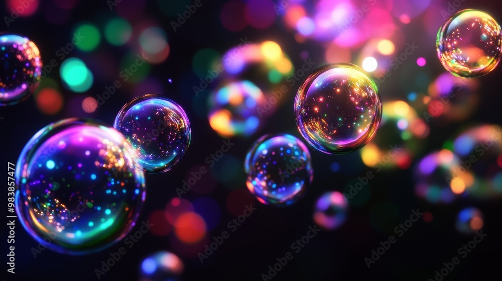 Poster abstract colorful bubbles with bokeh lights.