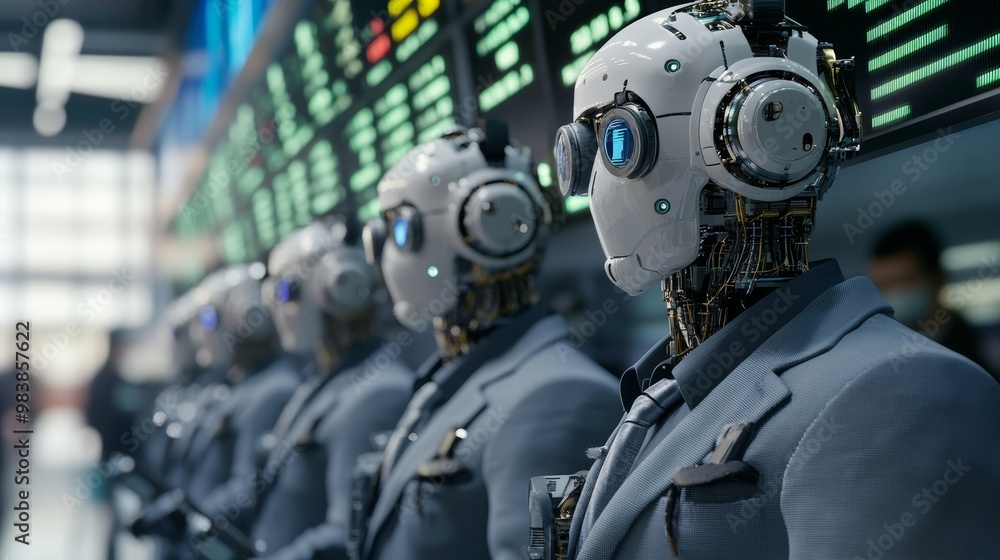 Poster row of robots in suits.