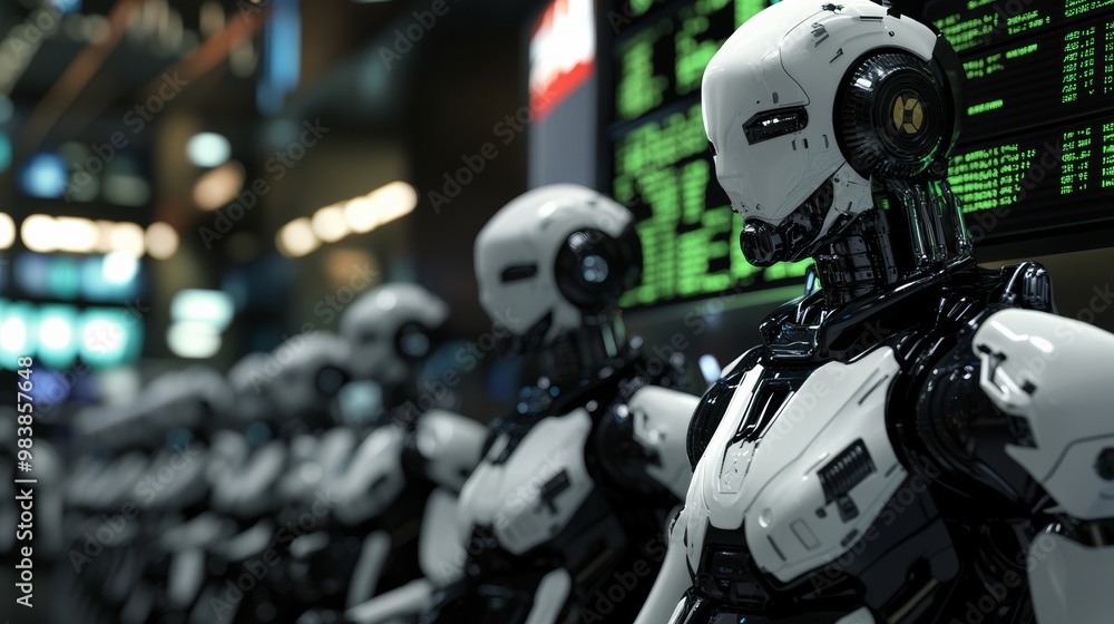 Aufkleber row of humanoid robots in a futuristic setting.