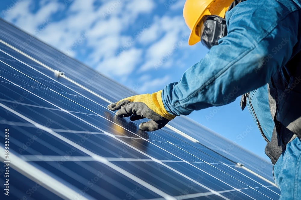 Poster a close-up image of a worker in protective gear installing or inspecting a solar panel.