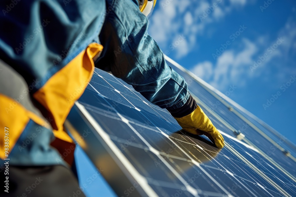 Poster a close-up image of a worker in protective gear installing or inspecting a solar panel.