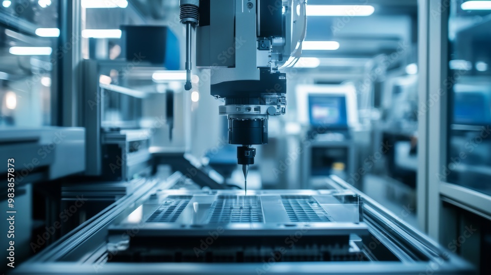 Poster closeup of automated manufacturing robot arm with cnc machine in factory.