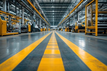 Fototapeta premium Empty Industrial Factory Floor with Yellow Lines