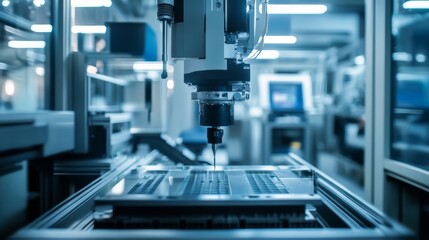 Fototapeta premium Closeup of Automated Manufacturing Robot Arm with CNC Machine in Factory.