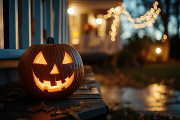 Obraz premium A close-up of a carved Jack-o'-lantern sitting on the front porch of a house