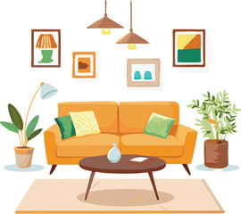 Modern Interior Design with Sofa Set Flat Vector Isolated