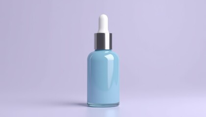 Clear Blue Cosmetic Dropper Bottle with Silver Cap on Muted Lavender Background