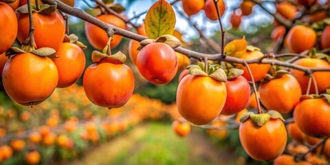 Golden persimmons glow on the tree branch, ripe and ready to be plucked, their vibrant orange color contrasting