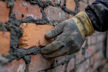 A close-up of a gloved hand carefully laying a brick on a wall in progress