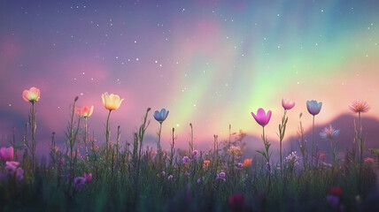 A field of glowing colorful flowers under surreal aurora borealis sky creates magical atmosphere. vibrant hues and twinkling stars evoke sense of wonder and tranquility