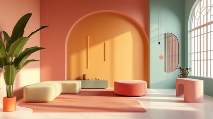 Vibrant interior with pastel palette, curved furniture, plants, and sunlight, ai generated.