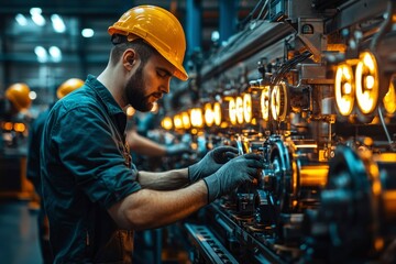 Industrial Worker Operating a Manufacturing Machine with Focused Precision