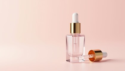 Glossy Clear Cosmetic Dropper Bottle with Gold Cap on Pale Pink Background