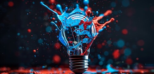 creative bulb explodes with colorful paint and splashes on black background