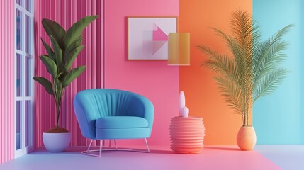 Interior with blue armchair, green plants, colorful walls, and decor, ai generated.