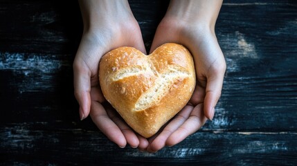 Female hands holding heart shape bread on dark wooden table