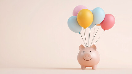 A cheerful piggy bank holds colorful balloons, symbolizing financial joy and celebration. This playful scene captures essence of saving and rewards
