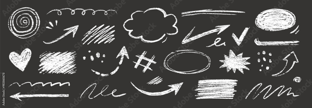 Poster doodle line chalk brush element set on blackboard. chalkboard texture brush stroke square, spiral, a