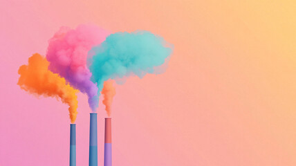 Vibrant smokestacks release colorful smoke into pastel sky, creating striking visual contrast. scene evokes sense of creativity and environmental awareness