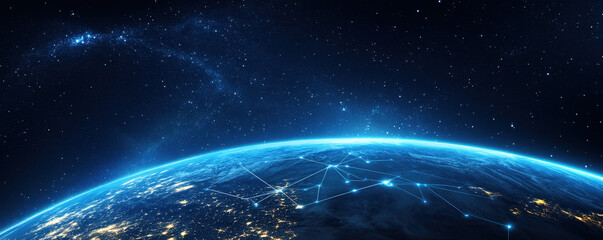 Planetary e-commerce platform illustrated with worldwide data transfers on banner layout