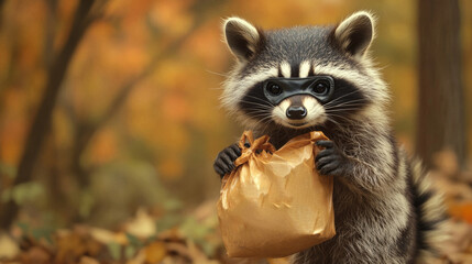 Raccoon with a Paper Bag in the Forest.