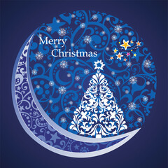 Vintage Christmas card.  Celebration blue background with Christmas Landscape, Christmas tree, star and place for your text. Xmas decoration. Website wallpapers. Vector Illustration 