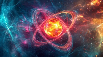 Obraz premium Abstract Space Background with a Red Sun and Light Trails.