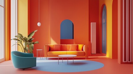 Bold living room with orange sofa, turquoise chair, and greenery, AI generated