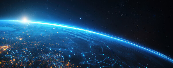 Earth's electronic pulse mapped with global trade routes on wide banner format