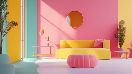 Curved yellow sofa, pink pouf, and colorful walls in bright room, AI generated
