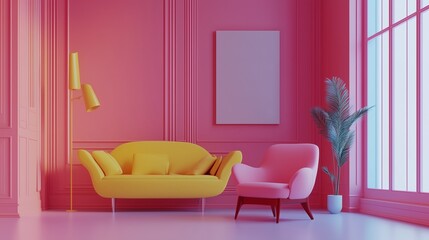 Yellow sofa, pink armchair, and sleek decor in vibrant room, AI generated