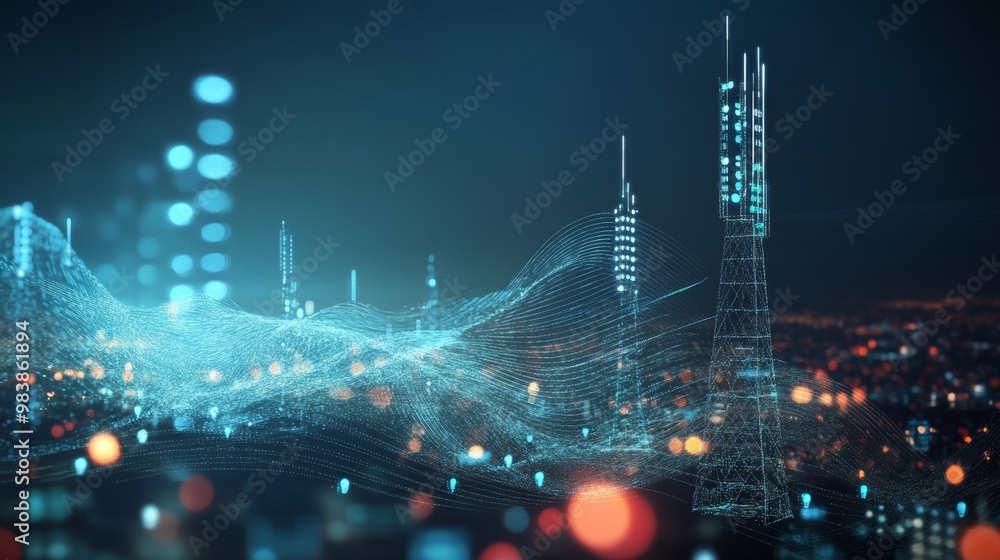 Poster digital cityscape with towers and data flow.