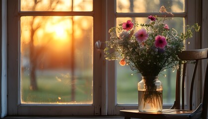 Serene sunset view from a chair by the window adorned with a vibrant vase of flowers