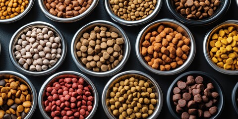 A collection of different types of pet food displayed in various bowls