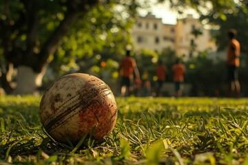 Worn Cricket Ball Resting in Grass with Blurred Background of Players