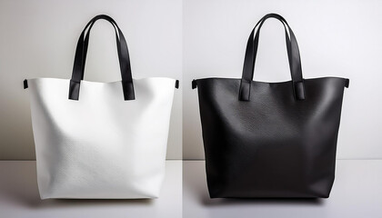 2つのトートバッグが並んでいます。 どちらのバッグも白色で、右側のバッグは黒色です。 どちらのバッグもシンプルで洗練されたデザインで、黒いハンドルが付いています。シンプルなグレーで、バッグの形状と色のコントラストが際立っています。 全体的にミニマルな美しさが強調されたデザインgenerative AI
