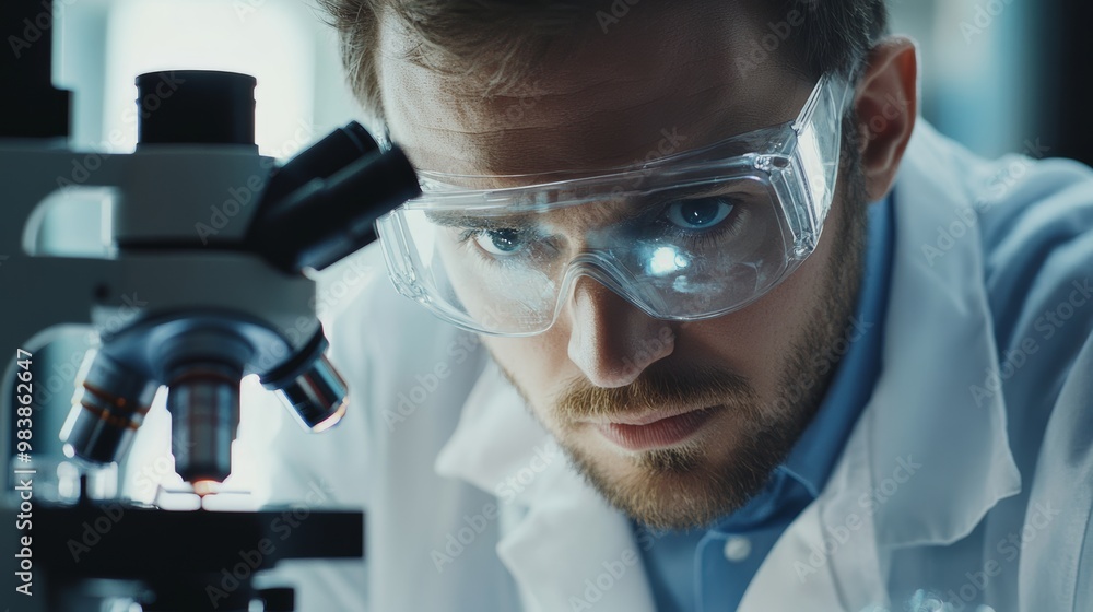 Aufkleber close-up of a focused scientist using a microscope.