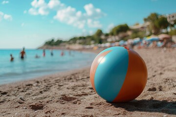 Obraz premium Beach Ball on Sandy Shore with Blurred Background of People Swimming and Sunbathers
