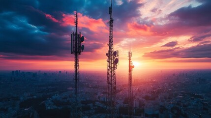 Cityscape with Cell Towers at Sunset