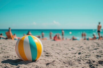 Obraz premium Beach ball on the sand with blurred beachgoers in the background
